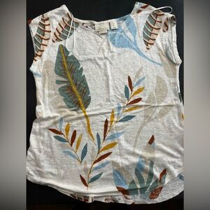 Cynthia Rowley Womens Size Large Short Sleeve 100% Linen Top Botanical Neutral